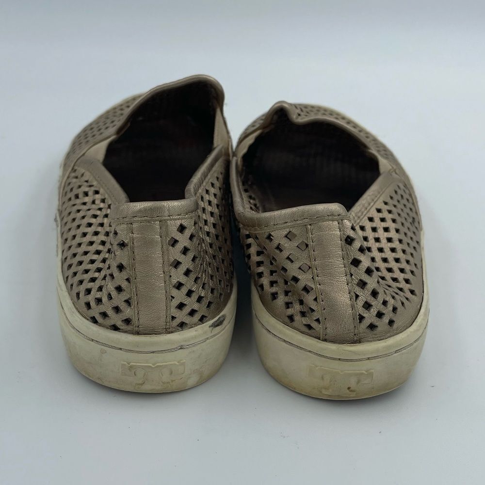 Tory Burch Jesse Gold Metallic Leather Perforated Slip On Shoes - Picture 5 of 6
